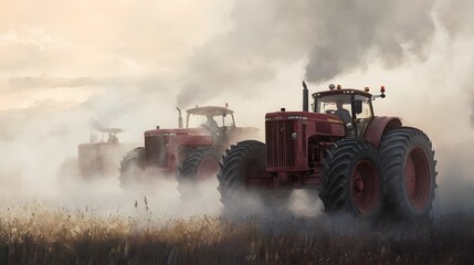 Fototapeta premium Red tractors drive through a field in the morning mist.
