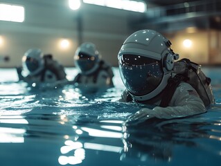 Astronauts train in a pool wearing spacesuits.