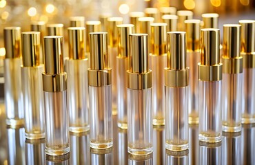 Golden Elixir: Rows of elegant, translucent bottles with gold caps gleam on a reflective surface, creating a luxurious and sophisticated display.  The soft, warm lighting enhances the premium feel. 