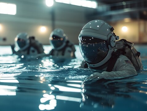 Astronauts train in a pool wearing spacesuits. - Powered by Adobe