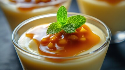 A creamy dessert topped with caramel sauce and mint leaves, served in a glass.