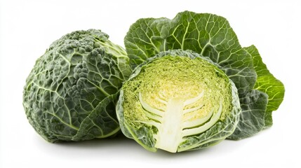 Fototapeta premium Whole and Sliced Savoy Cabbage on White Background Generative AI