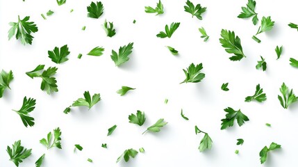 Fototapeta premium Parsley Leaves Scattered on White Generative AI