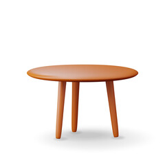 3d wooden table stand with legs isolated on white. Render empty table with round brown countertop. Circle desk for office, kitchen or home. Minimalistic furniture style. vector illustration