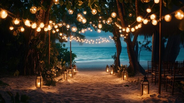 A romantic beach wedding setup illuminated by string lights and lanterns.
