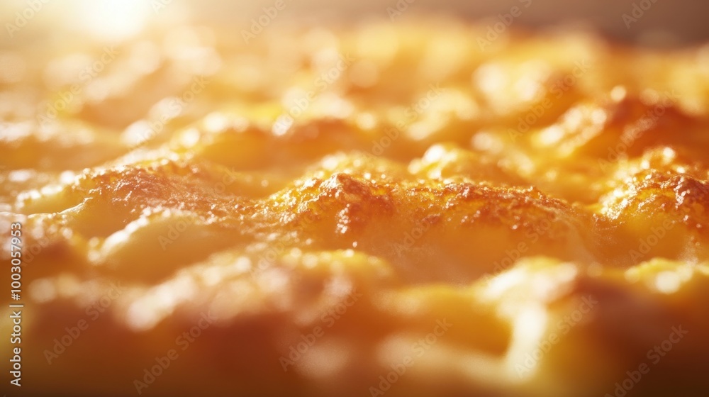 Wall mural Close-up of a golden, bubbly cheese dish, highlighting its crispy texture and warmth.