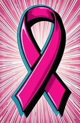 Breast cancer awareness month concept. Pink ribbon symbol in pop art style on abstract background. Supporting people living with illness or chronic pain. Design for flyer, card, postcard.