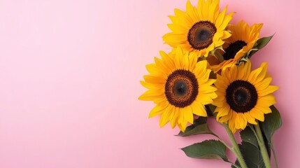A bouquet of vibrant sunflowers against a soft pink background.