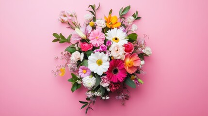 Fototapeta premium A vibrant bouquet of assorted flowers arranged on a pink background.