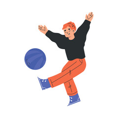 Funny Boy Character Kicking Ball with Foot Playing Vector Illustration