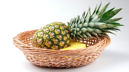A pineapple sits in a woven basket, showcasing its vibrant color and texture.