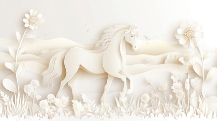 A serene paper-cut style illustration of a white horse amidst flowers and rolling hills.