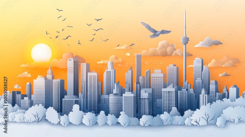 Canvas Prints A serene city skyline at sunset with birds and trees in the foreground.