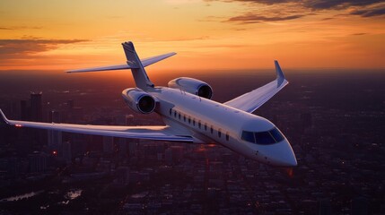 A private jet flying over a city skyline during sunset, showcasing luxury travel.