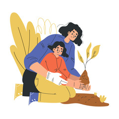Mom with Daughter Sit in Garden Plat Sapling Enjoy Recreation Activity Together Vector Illustration