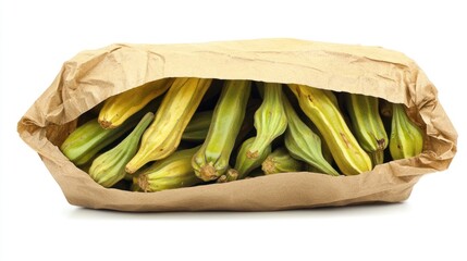 A bag filled with fresh, green okra pods, ready for cooking or sale.