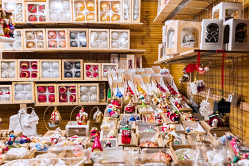 Beautiful Christmas Ornaments and Decorations Displayed at a Festive Market Stall