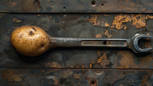 Potato themed ratchet tool against an antique steel backdrop