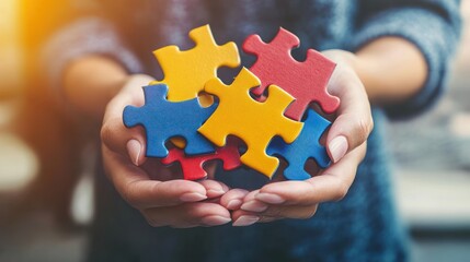 Hands holding colorful puzzle pieces, symbolizing problem-solving and creativity.