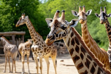 Fototapeta premium A delightful gathering of giraffes under the sunny sky, showcasing the natural beauty and grace of these magnificent creatures in a zoo environment, with lush greenery.