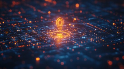 A digital map with a glowing location pin, symbolizing navigation and connectivity.