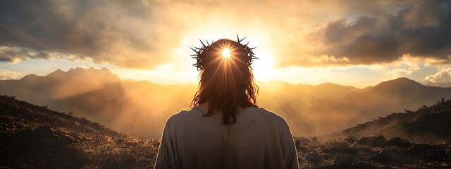 Jesus Christ with a crown of thorns on his head, seen from behind, looking at the sun in a mountainous landscape