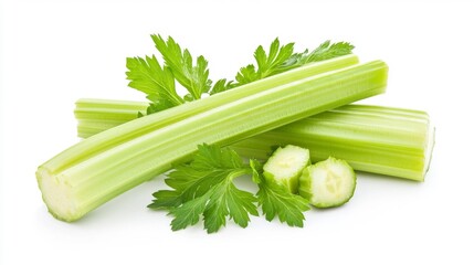 Fresh Celery Stalks with Leaves on White Background Generative AI