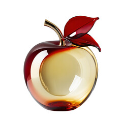 Stylized glass apple with a gradient red-to-yellow hue, gold stem, and translucent leaf on a sleek black background, emphasizing vibrant colors and craftsmanship, generative AI