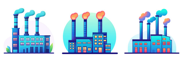 Fototapeta premium Colorful illustration of modern factories with smokestacks, showcasing industrial architecture and urban development, transparent background.
