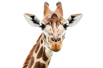 Obraz premium Close-up portrait of a giraffe, showcasing its unique markings and large expressive eyes against a plain background, transparent background.