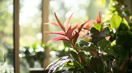 A close-up of vibrant indoor plants with sunlight filtering through a window.