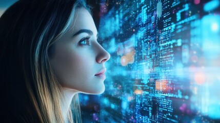 Female tech expert analyzes benefits and challenges of edge computing data on a digital interface with focus