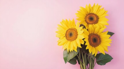 A vibrant bouquet of sunflowers against a soft pink background.