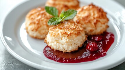 Coconut macaroon cookies with raspberry sauce, served on a clean white plate, with a textured metallic background