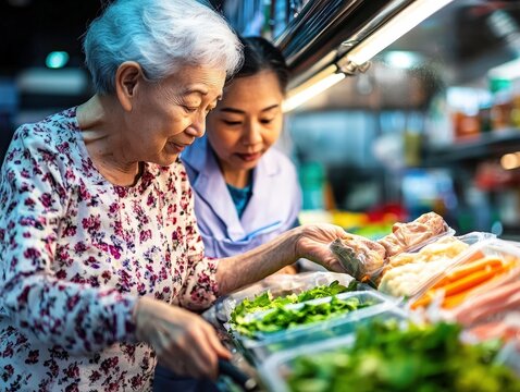 An older woman with white hair carefully selects salad components with assistance, capturing a theme of healthy lifestyle choices, companionship, and mutual support.