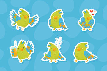 Green Parrot Funny Bird Different Activity Vector Sticker Set