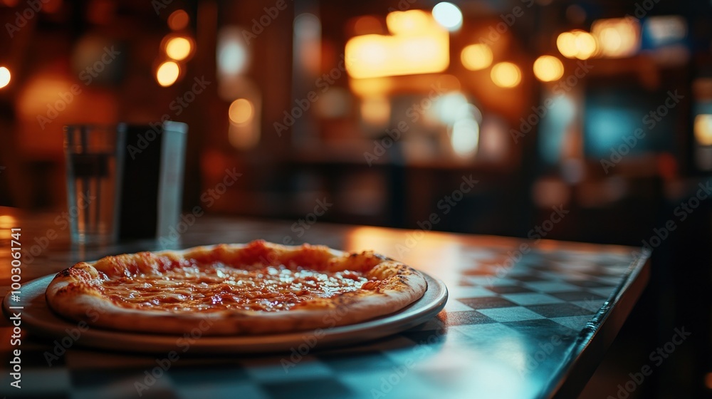 Poster A freshly baked pizza on a checkered table in a cozy restaurant setting.