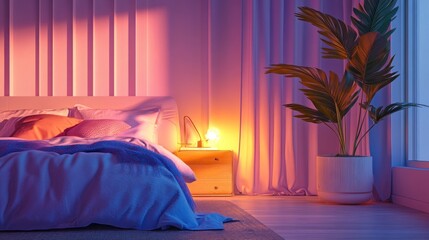 Cozy bedroom with soft lighting, plants, and a serene atmosphere.