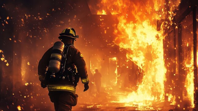 A firefighter battles an intense blaze in a burning building, showcasing bravery and dedication in the line of duty.