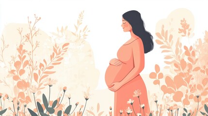 Pregnant woman in a peaceful nature-inspired setting surrounded by soft floral illustrations
