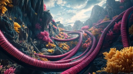 Obraz premium Surreal landscape with vibrant pink tubular structures winding through a mountainous terrain with colorful plants under a cloudy sky.