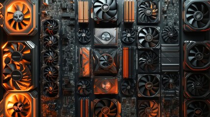 Close-up of computer hardware with multiple cooling fans illuminated by orange light, highlighting technology and heat dissipation.