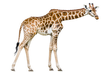 Obraz premium A majestic giraffe standing gracefully, showcasing its distinctive spotted coat and long neck against a clean background, transparent background.