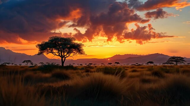 A lone tree stands tall against a stunning sunset in the African savanna