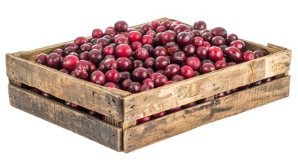 A wooden crate filled with fresh, red cranberries, showcasing a harvest scene.