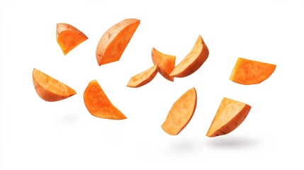Sweet Potato Slices Floating on White Background Generative AI