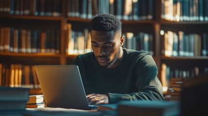 happy black student sitting in the university library