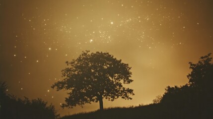A silhouette of a tree against a starry, golden-hued sky.