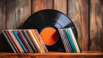A collection of vintage vinyl records stacked in a funky arrangement, showcasing their colorful labels and textured surfaces against a wooden backdrop