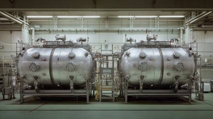 Industrial tanks used for processing or storage in a facility.